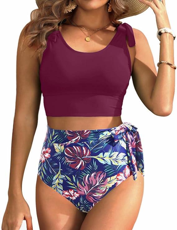 Two Piece High Waisted Swimsuits - Women Tummy Control Bikini Modest Bathing Suit Set of 2 2025, XXL, Purple Leaf