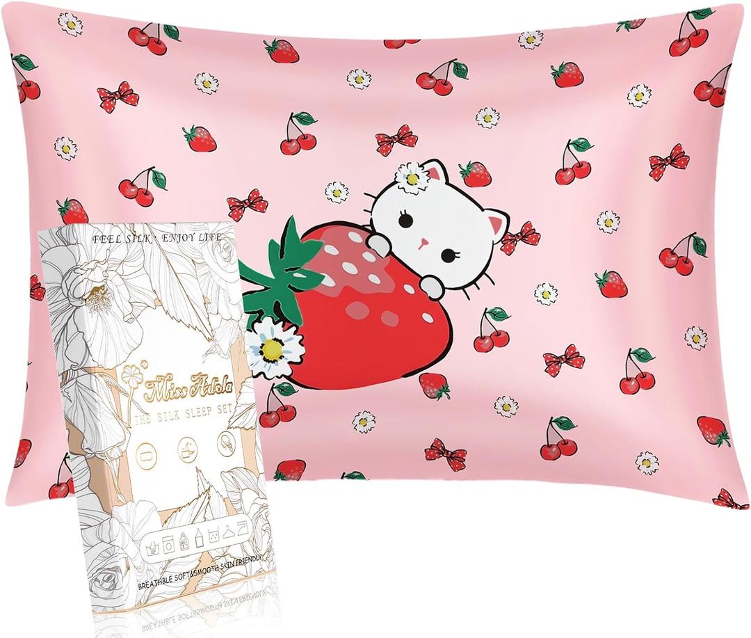 1 Pack Kids Pillowcase - Queen Size 30 x 20 Inches 19 Momme Mulberry Silk Zipper Pillow Case for Hair and Skin Cute Cartoon Kawaii Strawberry Cat Silk Pillowcase for Teens Girls Boys