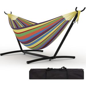 Garvee 2 Person Hammocks with Stand for Outside, Double Hammocks Portable Space Saving Heavy-Duty Steel Stand for Indoor Outdoor Patio with Carrying Bag, 450 lbs Capacity (Yellow Rainbow Stripes)