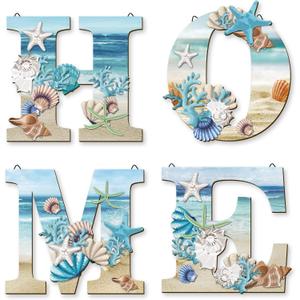 4 Pcs Wood Home Signs - Coastal Beach Style Signs With Blue Starfish and Shell Wall Decor for Home, Living Room, Kitchen, Bedroom
