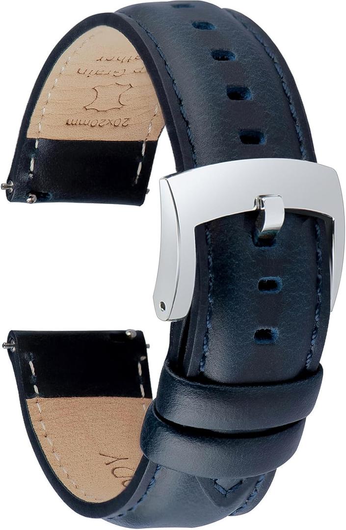 Leather Watch Bands Quick Release, Elegant Top Grain Leather Watch Straps for Men & Women, Choice of Color & Width - 18mm, 19mm, 20mm, 21mm or 22mm Wristbands Bracelet for Watch & Smartwatch (Dark Blue (Silver Buckle)) 20 mm