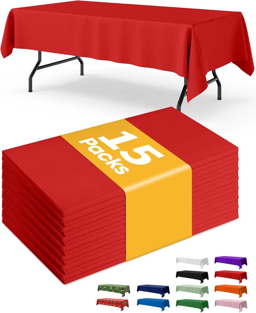 Red Plastic Table Cloth Rectangle Table 15 Pack, 54''108'' Tablecloth for 6ft Tables, Table Cloth for Disposable Use, Table Cover for Holiday Party, Gathering