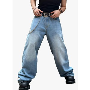 Men's Baggy Hip Hop Jeans Wide Leg Skater Denim Pants Casual Loose Fit Long Trousers Streetwear Large