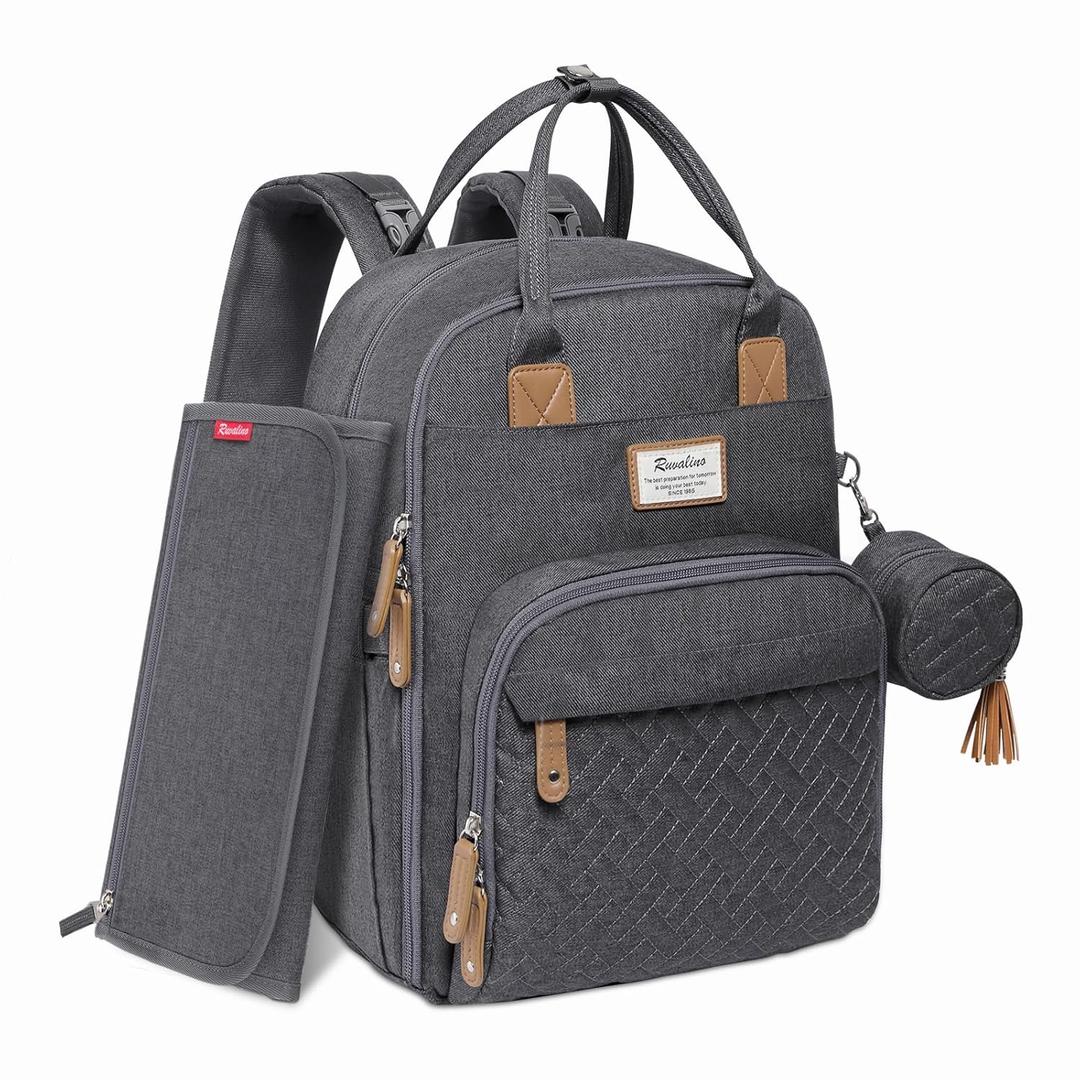 RUVALINO Diaper Bag Backpack, Multifunction Travel Pack Maternity Baby Changing Bags, Large Capacity, Waterproof, Dark Gray (Stylish_dark Gray)