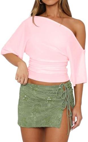 BONITEE Women One Shoulder Tops 2026 Summer Off The Shoulder Shirts Casual Cropped Short Sleeve Top Crop Blouses Tee Tshirts Large
