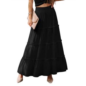 LUXVEER Womens Summer Boho Maxi Skirts Smocked High Wasited Flowy Tiered Ruffle A Line Long Beach Skirt Black S (Black, S)