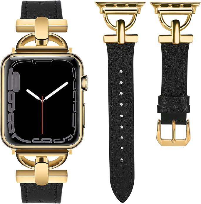 Wearlizer Leather Band Compatible with Apple Watch Bands Women 41mm 40mm 38mm 49mm 46mm 45mm 44mm 42mm, Fancy Dressy Strap for iWatch Series 11 10 9 8 7 6 5 4 3 SE/Ultra 3 2 1,Black/Gold