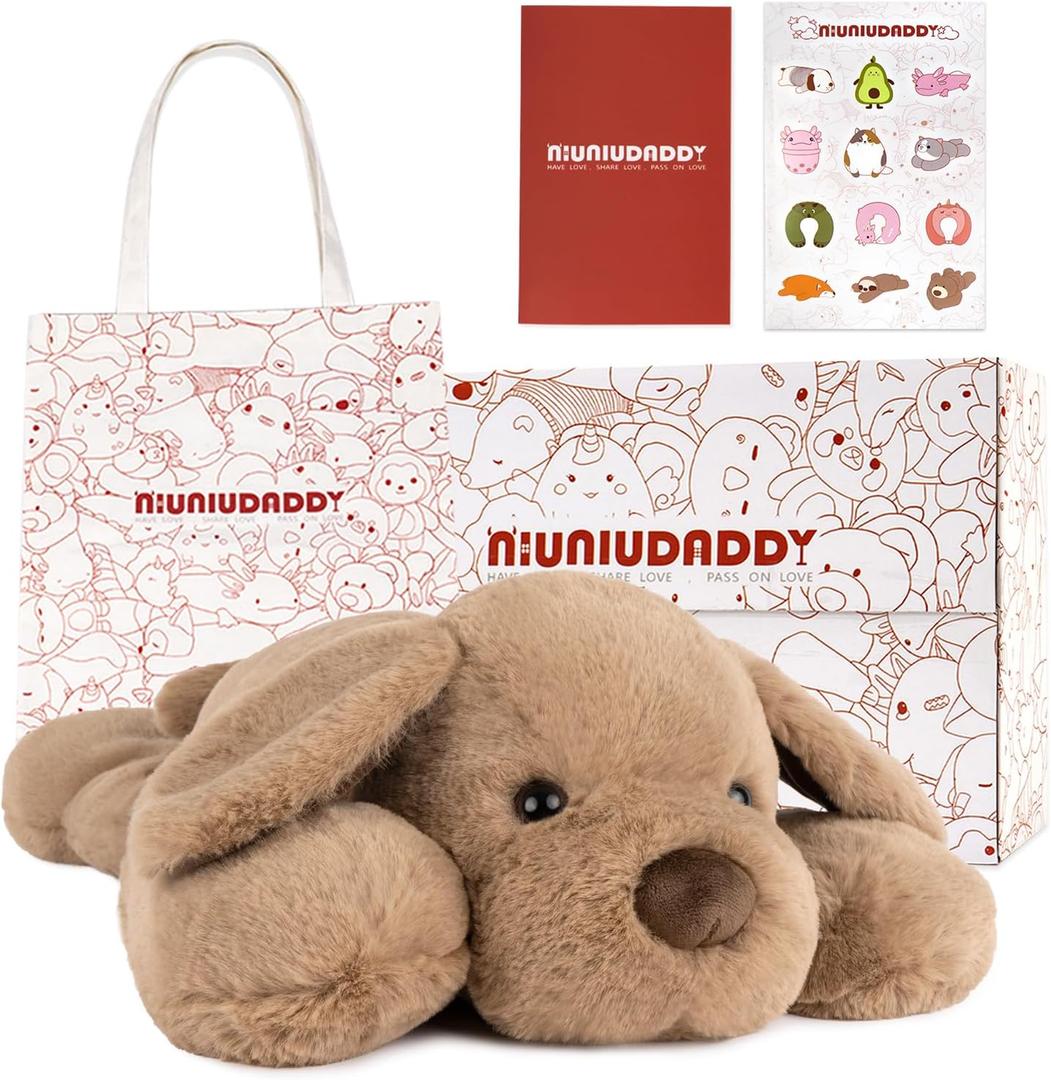 Niuniu Daddy Weighted Dog Stuffed Animals for Anxiety, 3.3lb Weighted Plush Dog Toy Pillowfort for Adults Kids Girls Boys, Large Stuffed Puppy Plush Pillow as Gift for Valentine Include Bag Sticker (Dog Light Brown-set)