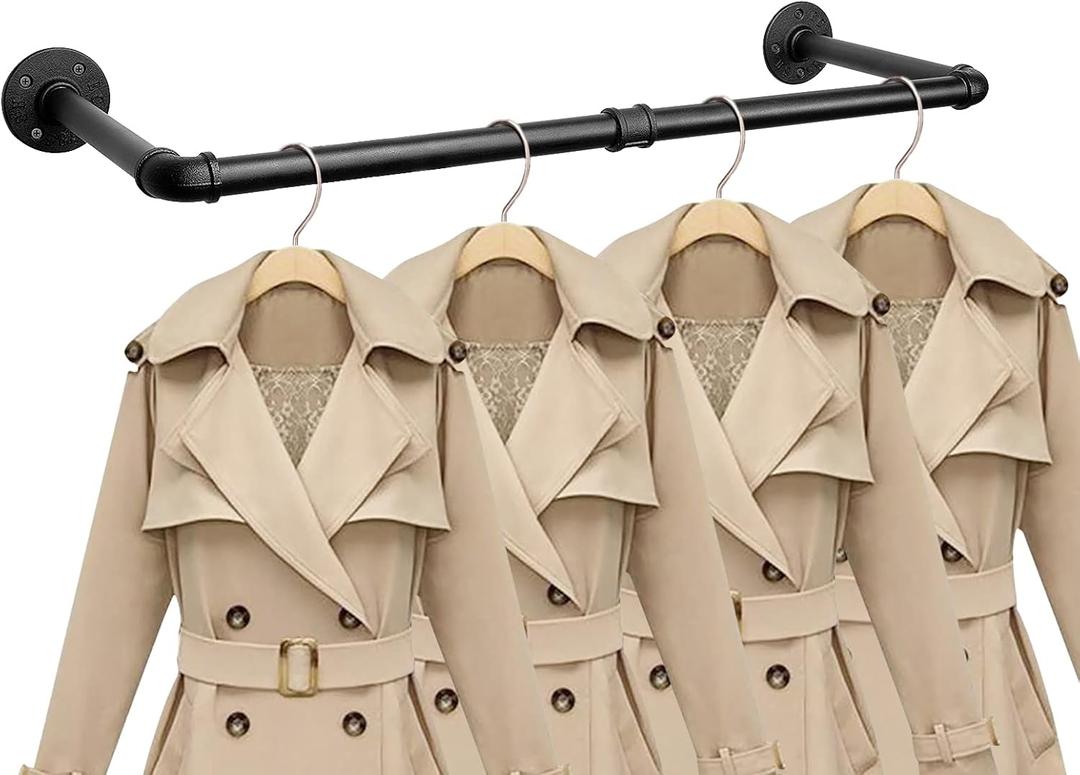 Industrial Iron Pipe Clothes Hanging Bar DIY Wall-Mounted Garment Rack Heavy Duty Clothing Rack for Bedroom, Laundry Room, Closet Storage (Black 28 inch)