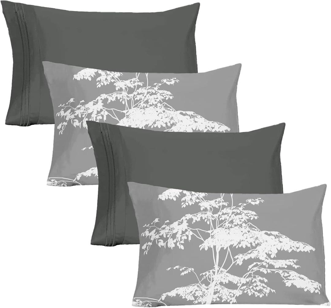 YIYEA Pillow Cases Standard Size Set of 4, Ultra Soft 1800TC Hotel Quality Double Brushed Microfiber Embroidered Pillowcases and Floral Pillow Covers, Envelope Closure, Fade Resistant (20"x26") (03# Tree)
