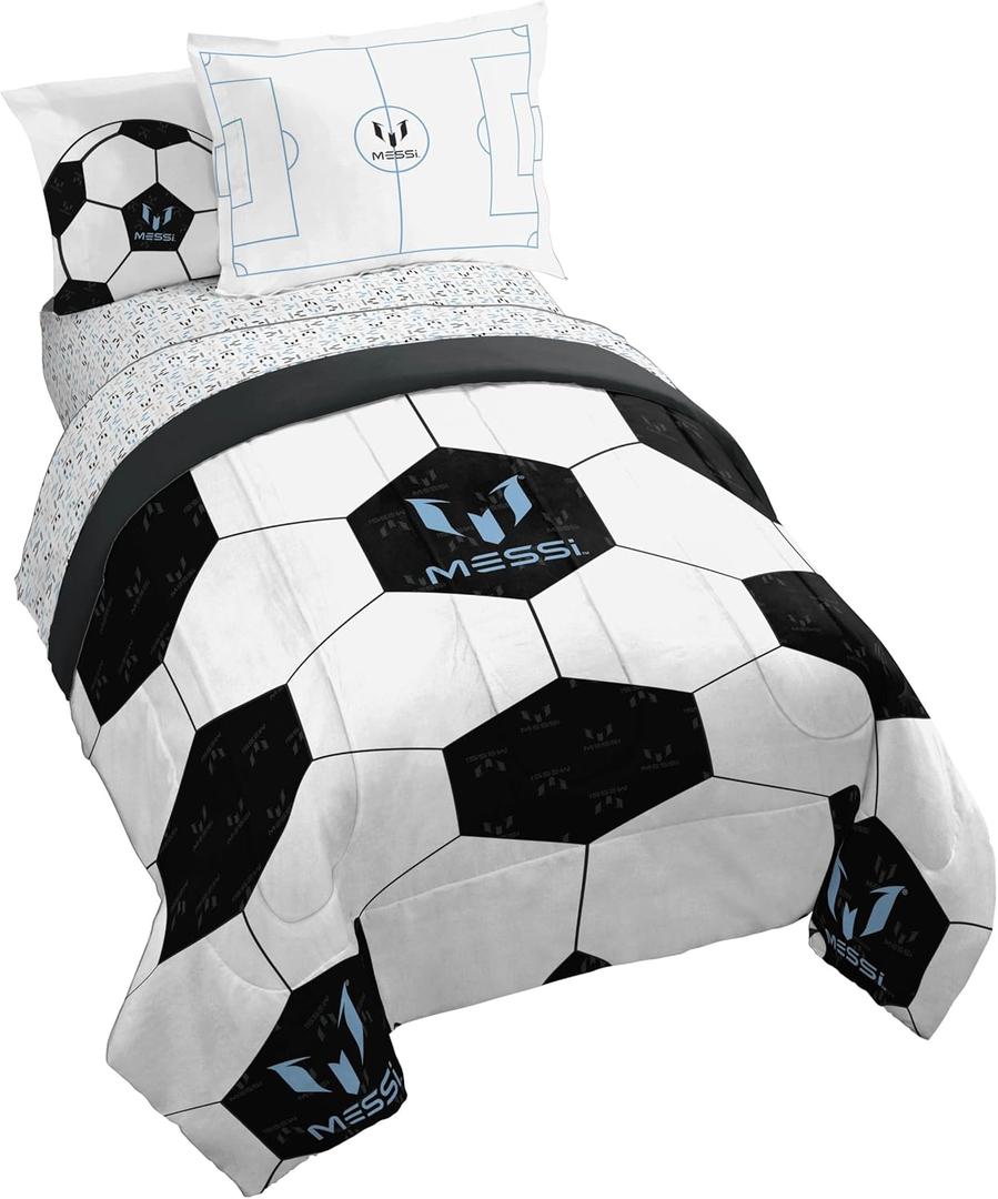 Jay Franco Kids Comforter Set Includes Sheets and Pillow Cover - Soft and Cozy Bed Set for Stylish Room Dcor, White - Messi, 5 Piece Twin