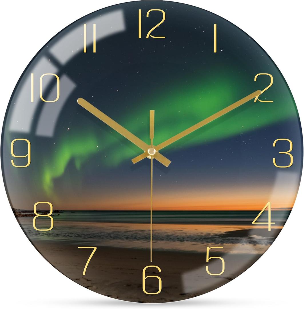 VIKMARI 12 Inch Modern Wall Clock, Aesthetic Black and Gold Decor Accessories, Unusual Silent Non Ticking Aurora Clocks for Living Room/Kitchen/Bedroom/Bathroom/Office (Glass)