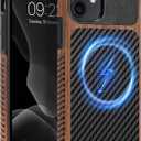 Magnetic Case Compatible with iPhone 11 Case [Compatible with MagSafe] Wood and Leather Carbon Fiber Design Hybrid Shockproof Phone Case (Black)