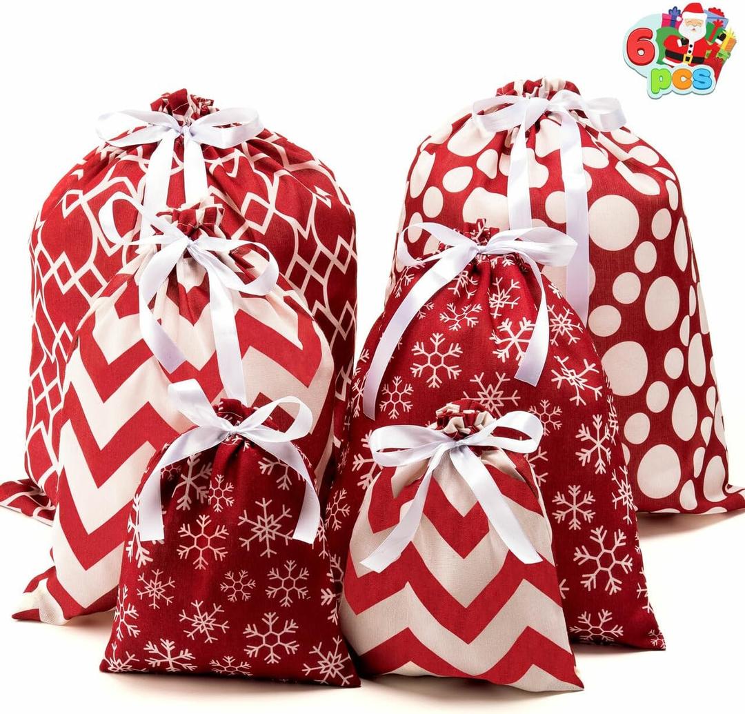 JOYIN 6 PCs Fabric Gift Bags Red Elegant Color with 3 Sizes for Each Season, holiday present Giving, Holiday Presents Dcor, Giant Gifts Decorations.