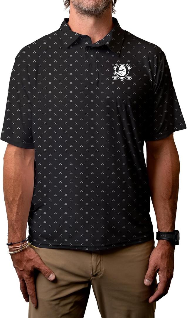 Blue 84 NHL Mens NHL Officially Licensed Short Sleeve Performance Polo Strengthened All Over Print (Medium, Black)