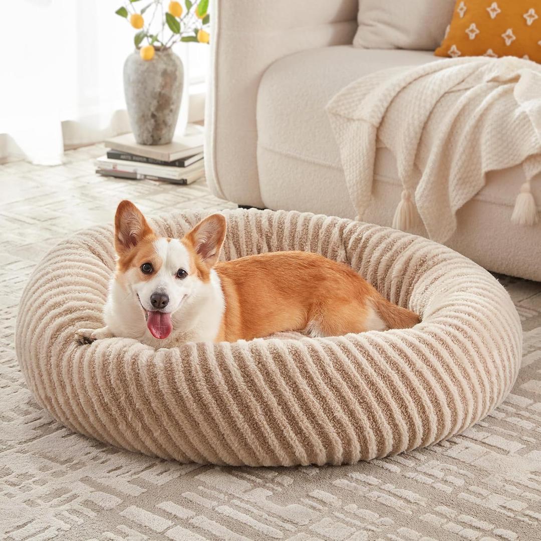 MIXJOY Dog Bed Medium Size Dogs, Washable Medium Dogs Bed with Removable Cover, Cozy Donut Dog Ded Fluffy Plush Faux Fur Pet Bed with Anti-Slip Bottom, 30"x30"x8", Beige