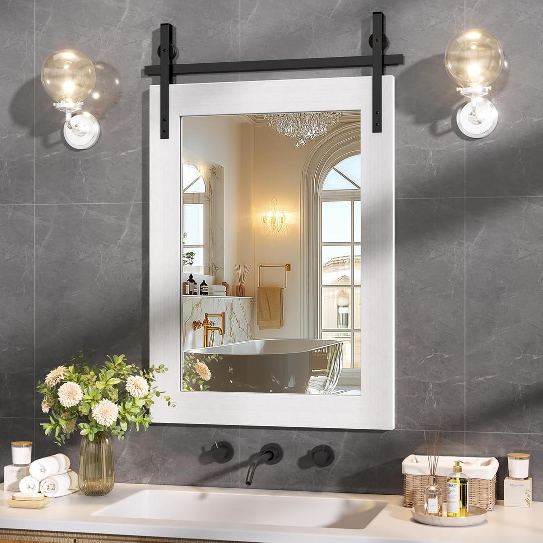 Hasipu Farmhouse Bathroom Mirror, 22"x30" Rustic Wood Framed Wall Mounted Mirror, White Vintage Vanity Mirror Barn Door Style Decorative Mirrors