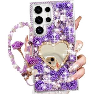 Changjia for Samsung Galaxy S26 Ultra Glitter Bling Case,Cute 3D Sparkle Heart Makeup Mirror Crystal Rhinestone Flower Diamond Gems with Lanyard Wrist Strap Women Girl Case for Galaxy S26 Ultra,Purple