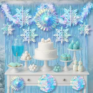 Soulchen 14 Pcs Winter Wonderland Snowflake Party Decorations Baby Shower Party Ornament with 6ft Backdrop Snowflake Hanging Honeycomb Fan and Garland for Baby Its Cold Outside Decor