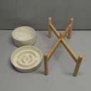 Ceramic 1.2 Cup Raised Slow Feeder Dog Bowl Set, Elevated 6.1inch Bowl and 7.3inch Puzzle Slow Food Dish with Wooden Stand for Medium and Small Dog, Anti-Gulping (2 x Beige+ Stand)