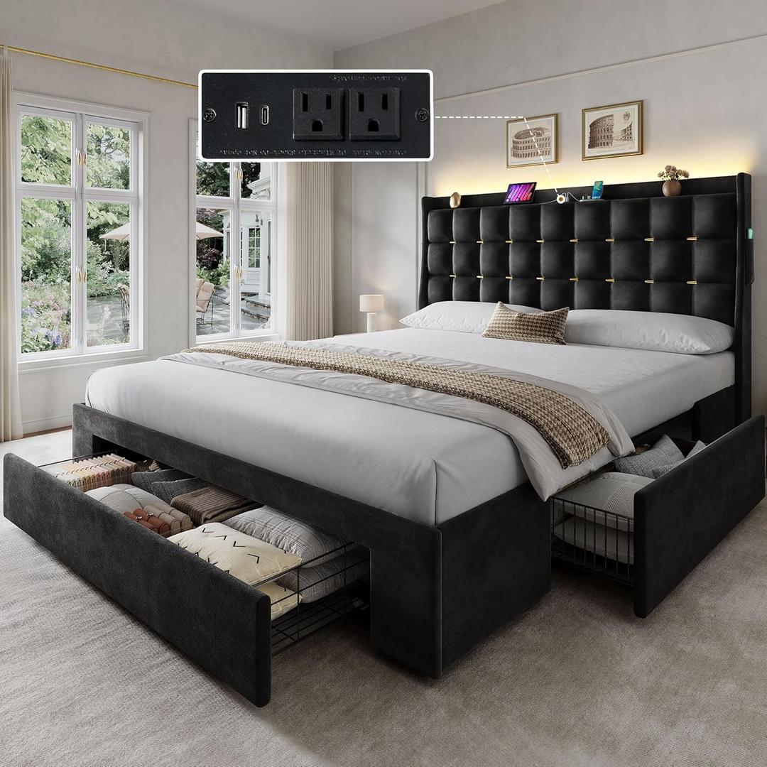 YITAHOME Queen Size Bed Frame with 3 Storage Drawers and RGB LED Lights, Velvet Upholstered Bed with Charging Station and Storage Headboard, No Box Spring Needed, Easy Assembly, Noise-Free, Black