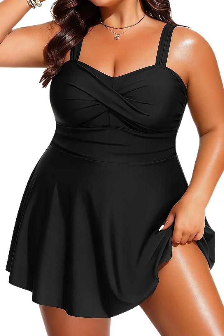 Yonique Plus Size Swim Dresses for Women- One Piece Swimsuit Tummy Control Flowy Bathing Suit Full Coverage Swimwear 2025 (Black)