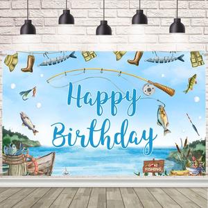 AIBIIN 7x5ft Happy Birthday Backdrop Fishing Theme Background Birthday Party Decorations Boys Gone Fishing Photography Backdrop Cake Table Supplies Banner Photo Booth Props