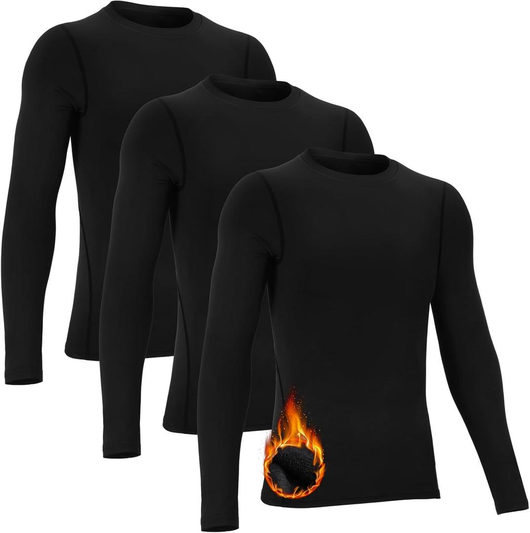 Suhine 3 Pcs 5-14Y Youth Boys Thermal Compression Shirts Fleece Athletic Baselayer Long Sleeve Soccer Baseball Undershirt (Large, Black)