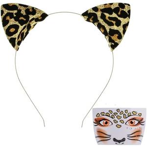 Pack Of 2 DDazzling Glitter Cheetah Print Ears Headband with Leopard Face Stickers for Halloween Animal Cosplay