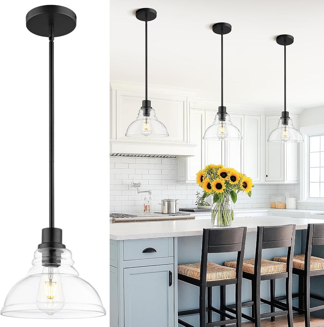 AUTELO Black Pendant Lights Kitchen Island, 1-Light Pendant Lights in Black Finish with Clear Drum Glass, Modern Pendant Light Fixtures, Hanging Lamp for Kitchen Island H2512 CLBK