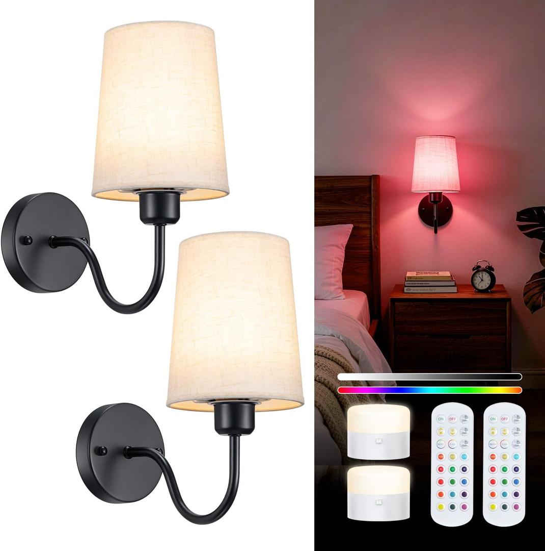 Battery Operated Wall Sconce Set of 2, Rechargeable Wall Sconces with 10000mAh Dimming Magnetic Bulb, Wireless Battery Powered Wall Lights with Pleated for Bedroom Living Room Gallery Hallway,Black