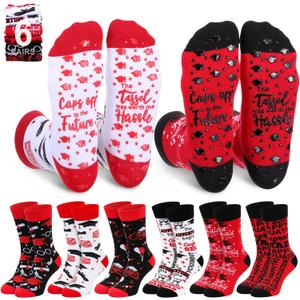 6 Pairs Graduation Pilates Grip Socks for Women Non Slip Yoga Socks with Grad Hat Pattern Congratulate Grad Gifts (Red)