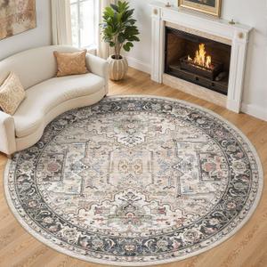 Area Rug for Living Room - 8x8 Large Soft Washable Oriental Vintage Floral Carpet Safe for Babies & Pets - Fade Stain Resistant Non Slip Rugs for Bedroom Dining Room Nursery Dorm Office Home Decor