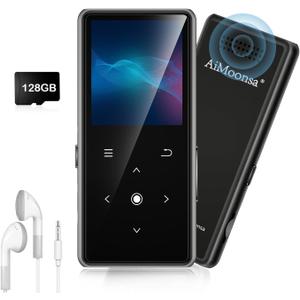 128GB MP3 Player with Bluetooth 5.2, AiMoonsa Music Player with Built-in HD Speaker, FM Radio, Voice Recorder, HiFi Sound, E-Book, Earphones Included