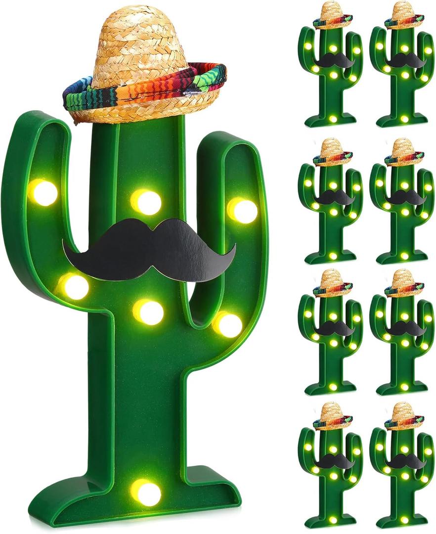 Fiesta Mexican Party Decoration LED Cactus Light with Mini Sombrero Straw Hats and Fake Beard Cinco De Mayo May 5th Table Decor Mexican Party Supplies for Fiesta Taco Table Room Bedroom Decor(24 Pcs)