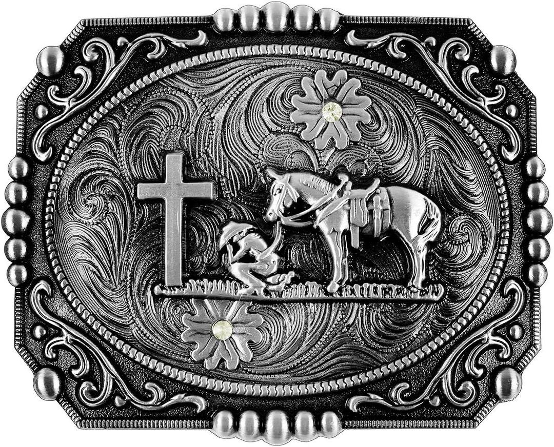 Moranse Religion Cross Cowboy Kneeling Prayer And Horse Design Belt Buckles (Square Silver) Moranse Religion Cross Cowboy Kneeling Prayer And Horse Design Belt Buckles (Square Silver)