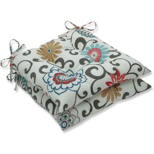 Pillow Perfect Bright Floral Indoor/Outdoor Tufted Wicker Chair Pad With Ties, 2 Count, 18.5" x 19", Blue/Brown Pom Pom Play