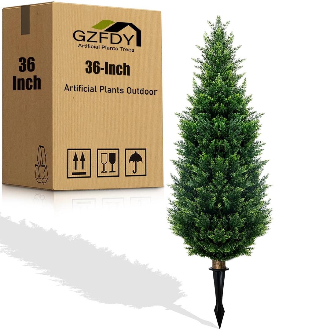 4Ft Artificial Cedar Topiary Trees (4-Pack) - UV Resistant Fake Shrubs with Ground Spike for Outdoor & Indoor Use, Front Porch, Garden Decor