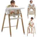 KUB High Chair for Babies and Toddlers Adjustable Foldable Convertible 5 Point Harness Easy Clean Wood-Printed Metal with Removable Tray Baby Highchair for Family (White&Natural Wood-Printed Metal)