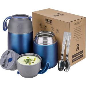 MAXSO Pack of 2 Soup Thermo for Hot & Cold Food for Kids Adults, Vacuum Insulated Food Jar Thermal Lunch Containers, Travel Food Flask with Spoon (24 oz,17 oz) (Dark Blue)