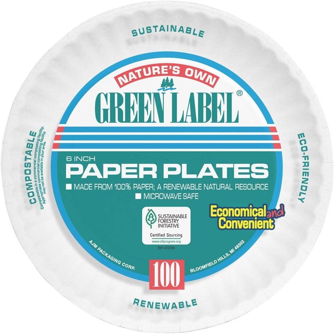 AJM AJMPP6GRE Green Label Paper Plates, Microwavable, 6" Diameter (30 Pack of 100)