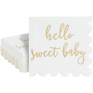 50 Pack White Scalloped Baby Shower Napkins for Girls and Boys, Gold Foil Hello Sweet Baby Decorations (5 x 5 In)