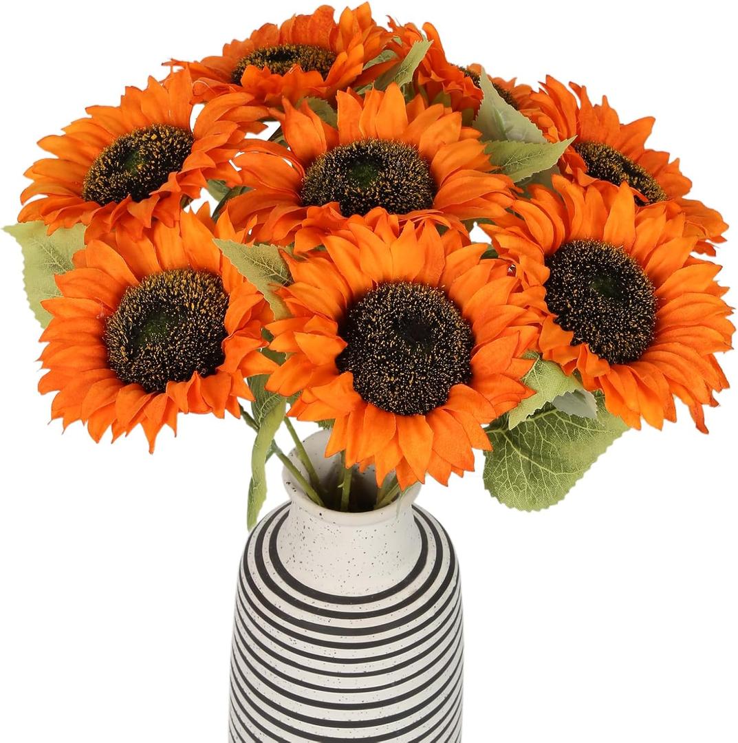 IPOPU Artificial Sunflowers 20" Sunflowers Artificial Flowers 8PCS Long Stem Sunflowers with Leaves Large Silk Fake Sunflowers Decoration for Outdoor Home Party Wedding DIY Decor(Orange)