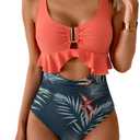 B2prity Womens One Piece Swimsuit Tummy Control Ruffled Bathing Suit V Neck Cutout Swim Suit Tie Back Swimwear, L