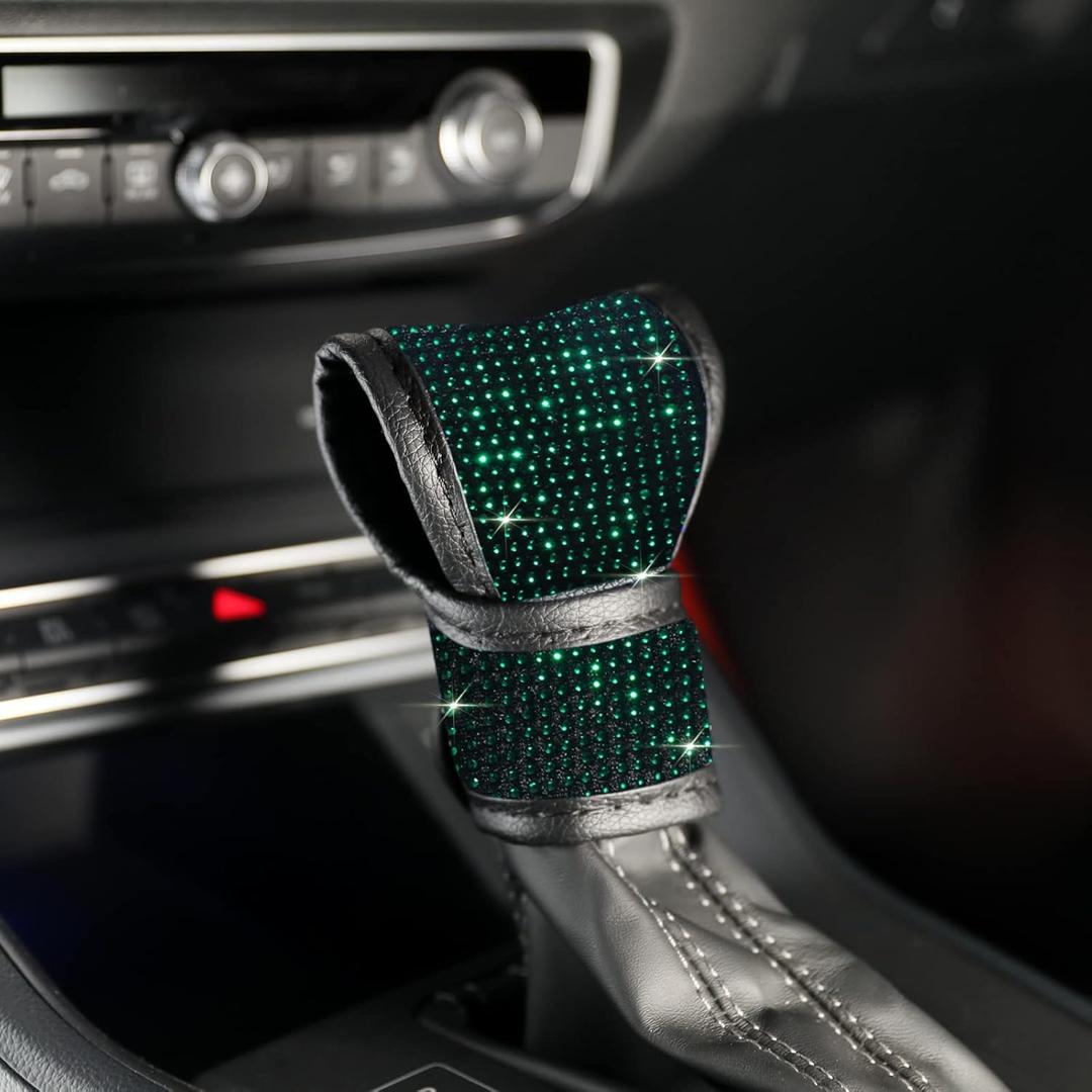AOCISKA Universal Bling Gear Shift Cover, Leather Gear Knob Cover with Glitter Bling Rhinestones, Crystal Car Knob Protector (Green)