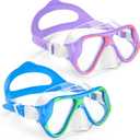 Freela 2 Pack Kids Swim Goggles Mask for Boys Girls 3-14, Tempered Glass Lens 180 HD View with Nose Cover for Pool Beach (Blue & Purple (2pcs ))