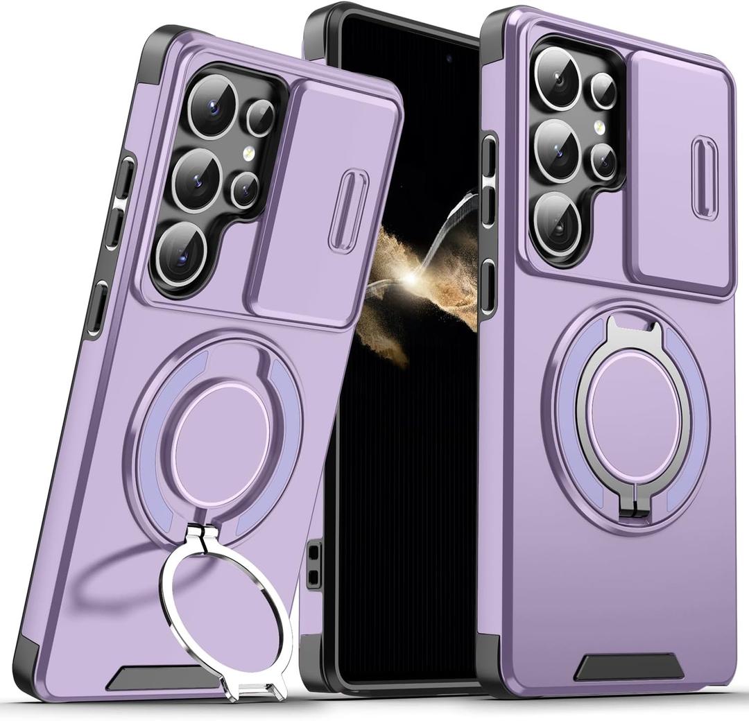 for Samsung Galaxy S25 Ultra Case with Slide Camera Cover and Rotating Kickstand Ring, Slim Magnetic Shockproof Accessories Phone Case for Samsung S25 Ultra (Purple)