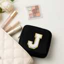4 x HBselect Small Makeup Bag Personalized Initial Letter Mini Makeup Bags Nylon Chenille Letter Patch Cosmetic Bag Cute Waterproof Pouch Travel Toiletry Bag Preppy Coin Purse Gift for Women Teen Girls (J, Black)
