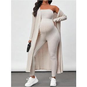 Women's Maternity Ribbed 2 Piece Outfit Strapless Skinny Leg Jumpsuit and Long Sleeve Cardigan Set, Size S