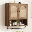 RUSTOWN Rattan Bathroom Wall Cabinet, Boho Medicine Cabinet with 2 Arched Doors, Farmhouse Over The Toilet Storage Cabinets with Adjustable Shelves & Towel Bar, 3-Tier Wall Mounted Cabinets (Natural Oak)